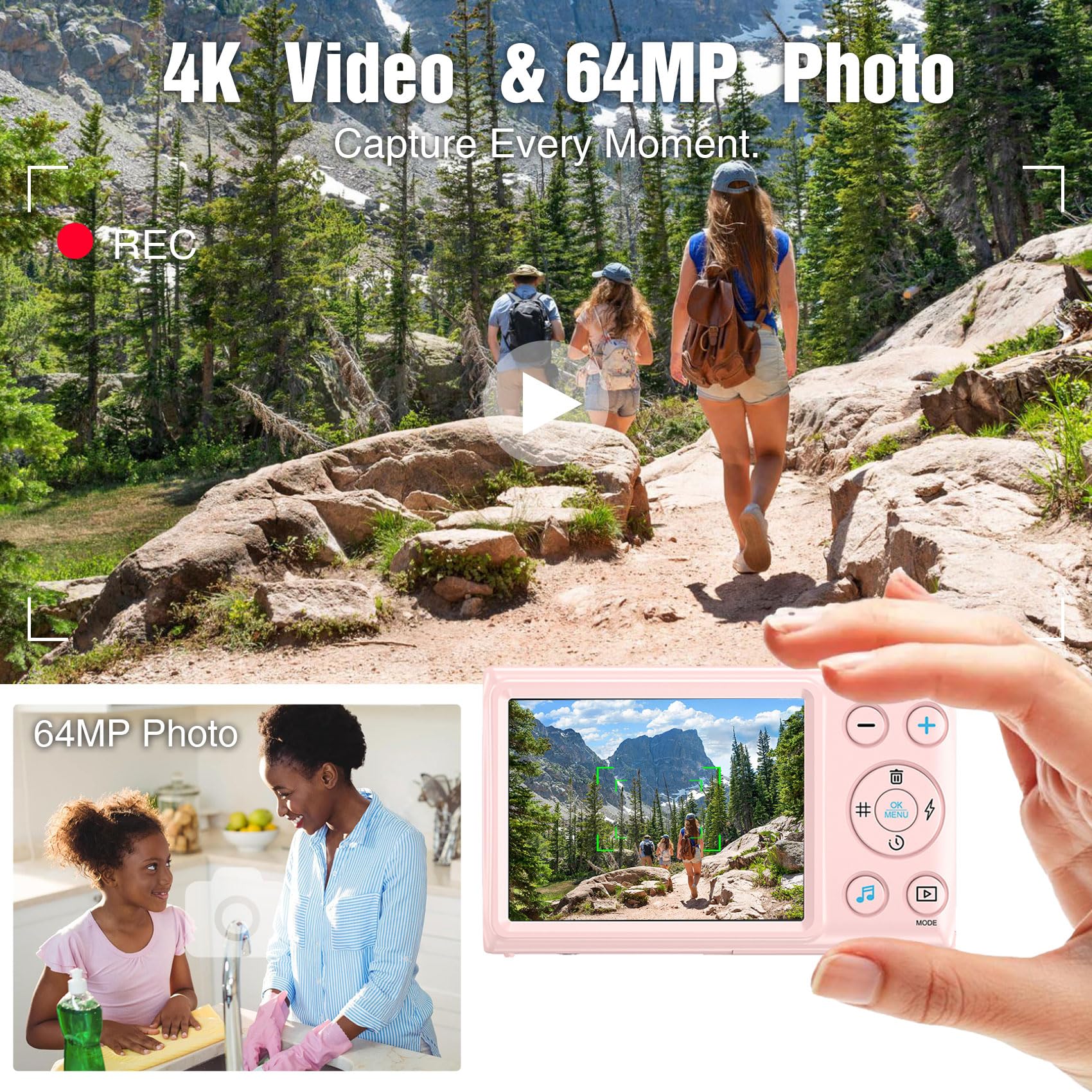 Digital Camera Pink, 4K Vlogging Camera, Vintage Camera, Autofocus 64Mp 18X Digital Zoom Compact Point And Shoot Digital Cameras